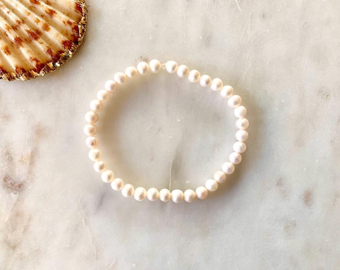 Featured listing image: Freshwater Pearl Beaded Bracelet – Stretch Pearl Stacking Bracelet – June Birthstone Jewelry
