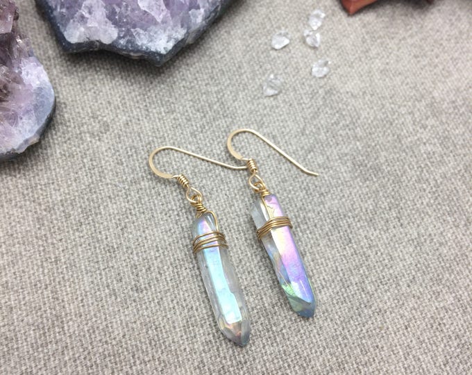 Grey AB Quartz Crystal Point Earrings, Blue Aura Quartz Crystal Earrings, Raw Crystal Earrings