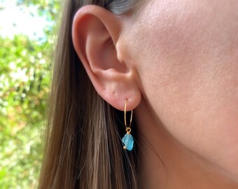 RAW APATITE 14k Gold Filled Tiny Gemstone Hoop Earrings With Genuine Gemstone Beads