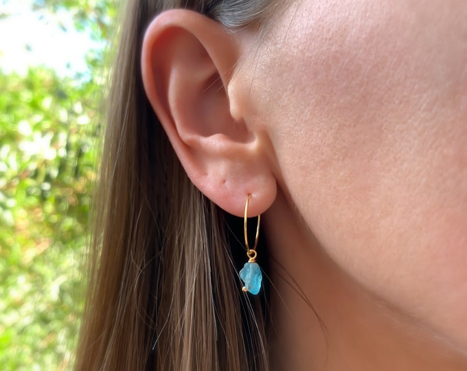 RAW APATITE 14k Gold Filled Tiny Gemstone Hoop Earrings With Genuine Gemstone Beads