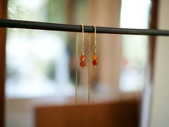 Carnelian Agate Threader Earrings – Stack Gemstone Pull Throughs in Gold Filled or Sterling Silver