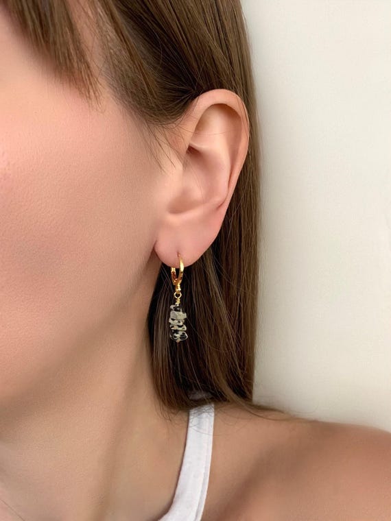 Dalmatian Jasper Huggie Hoop Earrings – Gemstone Chip Charms – Gold or Silver Leverback Hoops