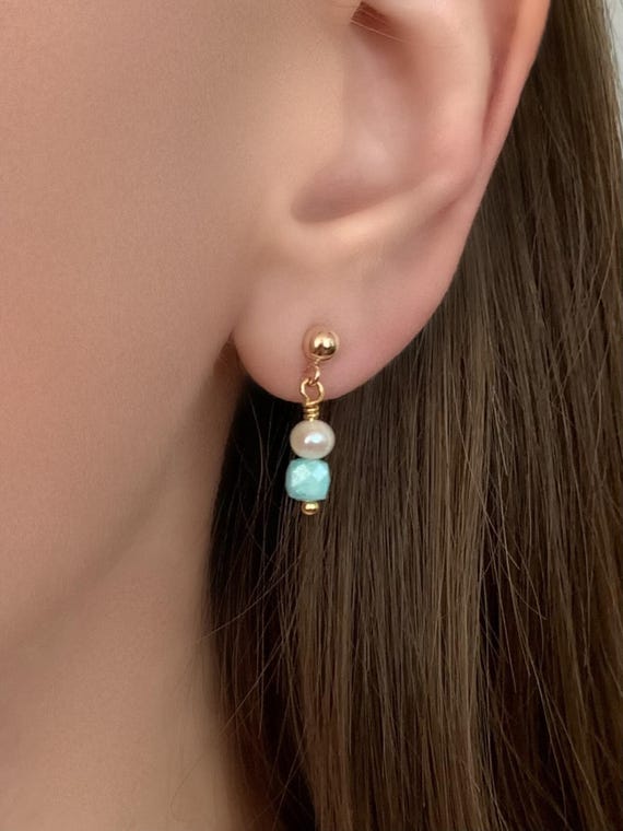 Larimar & Pearl Stud Earrings – Larimar Cube with Freshwater Pearl Stack in Gold Filled or Sterling Silver