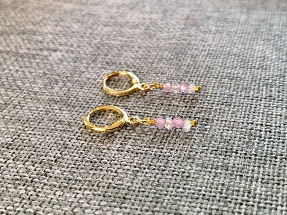 Pink CZ & Herkimer Diamond Huggie Hoop Earrings – Gold Leverback Gemstone Drop Jewelry