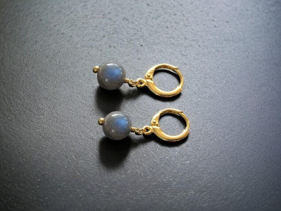 Labradorite Huggie Hoop Earrings – Gold or Silver Leverback Genuine Gemstone Bead Jewelry
