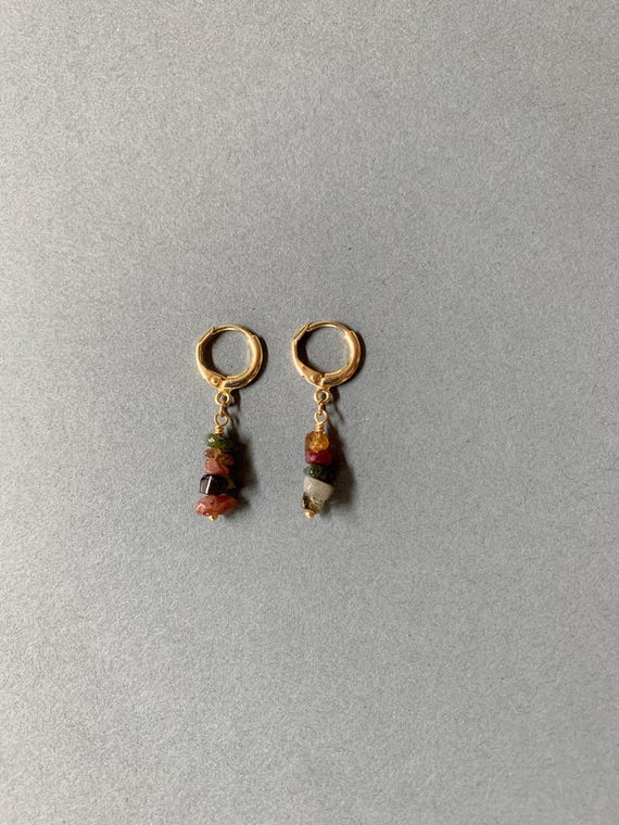 Tourmaline Huggie Hoop Earrings – Multicolor Gemstone Bead Charms – Gold Plated Hoop Earrings – Dainty Minimalist Jewelry