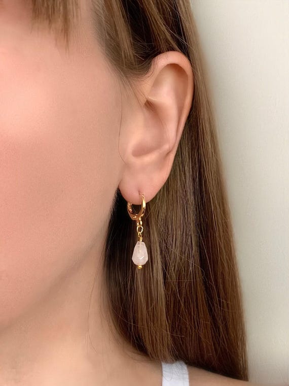 Rose Quartz Teardrop Huggie Hoop Earrings – Gemstone Dangle Earrings in Minimalist Style