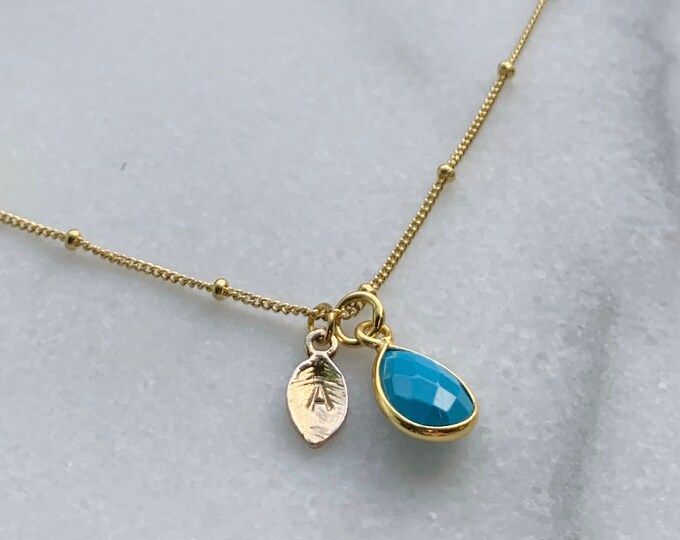 Personalized Blue Turquoise Pendant Necklace, Personalized Letter Initial Leaf Name Necklace