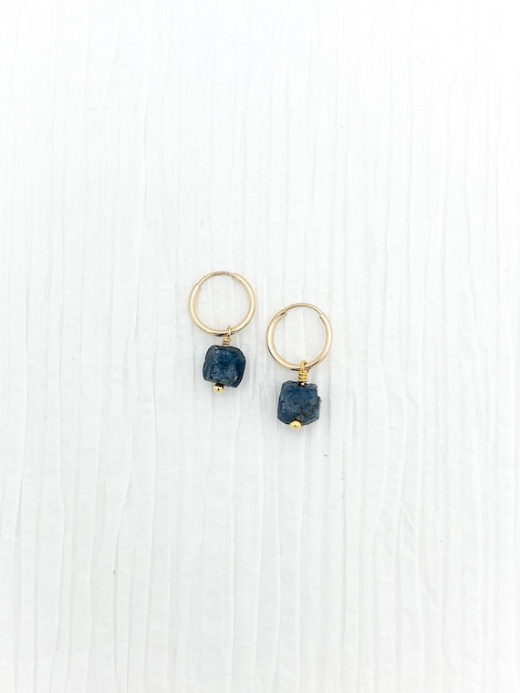 Raw Sapphire Hoop Earrings – Genuine Gemstone Endless Hoops in 14k Gold Filled or Sterling Silver