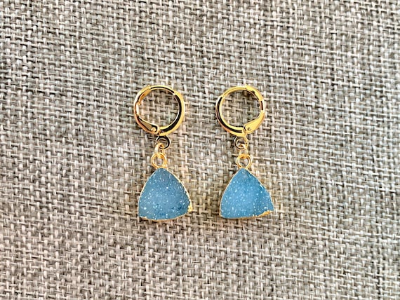 Blue Druzy Agate Trillion Huggie Hoop Earrings – Gold Leverback Gemstone Dangle Jewelry