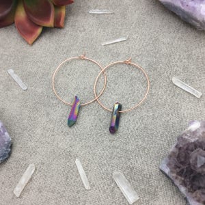 Rainbow Titanium Quartz Crystal Hoop Earrings, Raw Quartz Point Earrings, Rose Gold Earrings, Rose Gold Hoops image 6