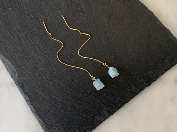 Aquamarine Threader Earrings – Raw Blue Gemstone Pull Through Box Chain Earrings – Minimalist Jewelry