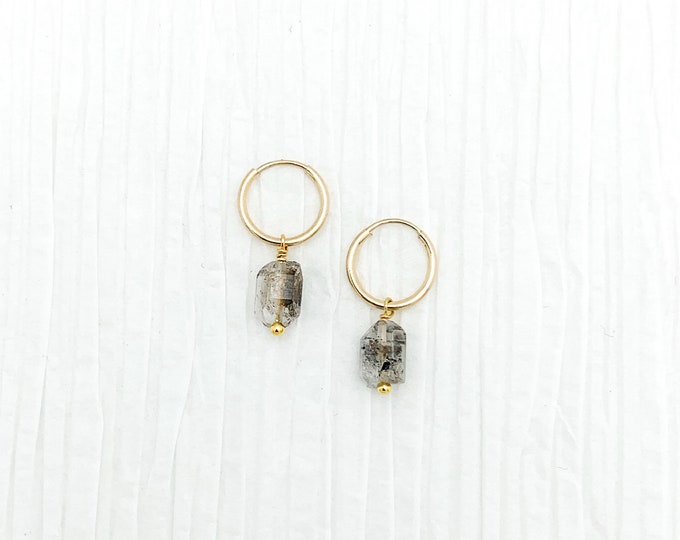 RAW HERKIMER DIAMOND With Inclusions 14k Gold Filled Endless Hoop Earrings, Dainty Hoop Dangle Earrings