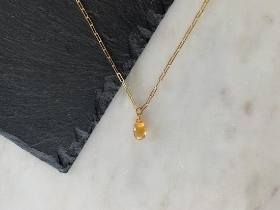 Citrine Paperclip Necklace – Flat Link Long Chain with Yellow Gemstone Drop in Gold Filled or Sterling Silver