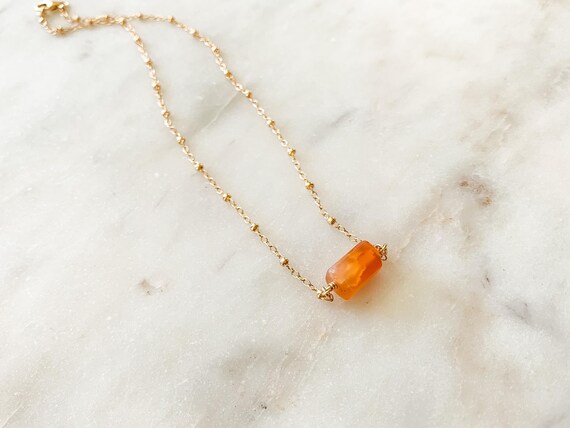 Carnelian Necklace – Agate Gemstone Pendant on 14k Gold Filled or Sterling Silver Beaded Cable Chain