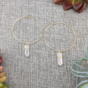 Quartz Raw Crystal Wire Wrapped Hoop Earrings Raw Quartz Point Earrings Rustic Clear Raw Quartz Crystal Point Rose Gold Filled Hoop Earrings