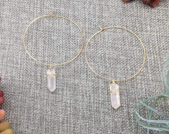 Quartz Raw Crystal Wire Wrapped Hoop Earrings Raw Quartz Point Earrings Rustic Clear Raw Quartz Crystal Point Rose Gold Filled Hoop Earrings