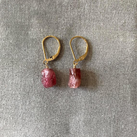 Raw Pink Tourmaline Leverback Earrings – 14k Gold Filled or Sterling Silver Genuine Gemstone Dangles