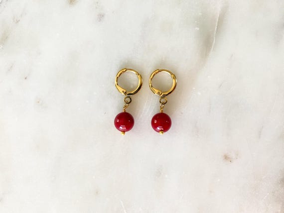 Huggie Earrings – Ruby Gemstone Hoops – Gold Plated Leverback Earrings – July Birthstone Jewelry