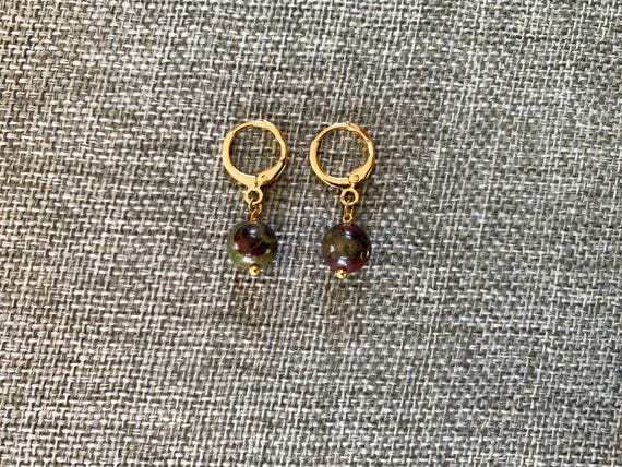 Bloodstone Huggie Hoop Earrings – Natural Gemstone Beads – Gold Plated Leverback Jewelry