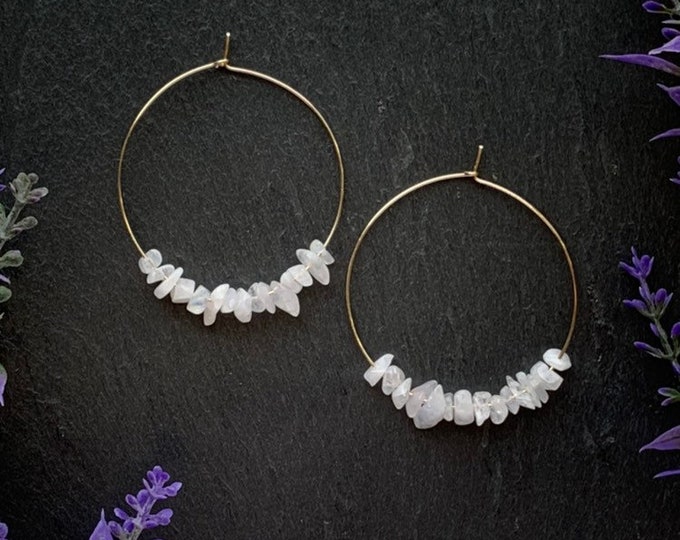 Rainbow Moonstone Chip Beaded Earrings, Natural Gemstone Beaded Hoop Earrings