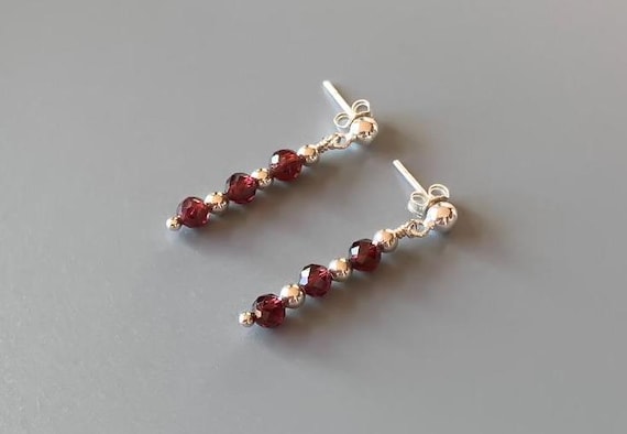 Garnet Stud Earrings – Stacked Beads with Smooth Round Spacers – Gold Filled or Sterling Silver January Birthstone