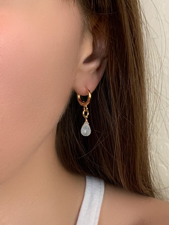 Rainbow Moonstone Huggie Hoop Earrings – Lever Back Hoops with Natural Gemstones