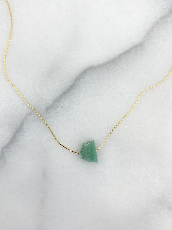 Green Aventurine Necklace – Rough Gemstone Beaded Pendant on Dainty Chain – Handmade Layering Jewelry