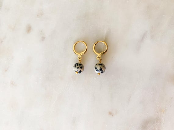 Dalmatian Jasper Huggie Hoop Earrings – Natural Gemstone Bead Dangles – Gold or Silver Round Leverback Earrings