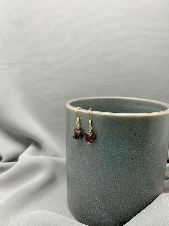 Raw Garnet Earrings – Rough Gemstone Dangles in 14k Gold Filled or Sterling Silver – January Birthstone Jewelry