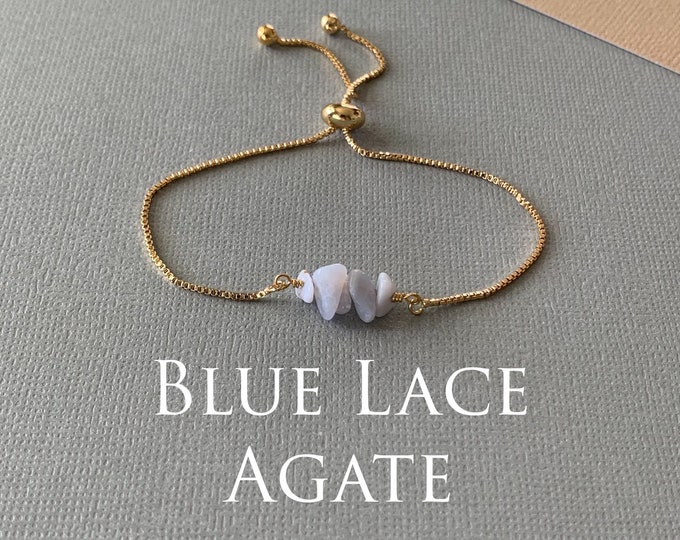 Gemstone Bead Bracelet, BLUE LACE AGATE Genuine Gemstone Adjustable Bracelet