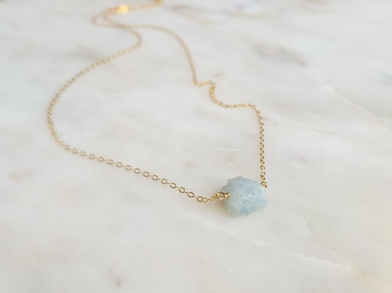 Aquamarine Crystal Necklace – Raw March Birthstone Pendant – 14k Gold Filled or Sterling Silver Cable Chain