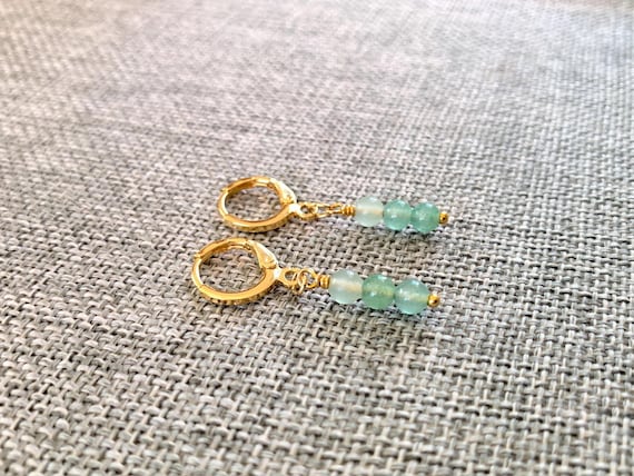 Green Aventurine Stack Huggie Hoop Earrings – Gold Leverback Gemstone Bead Jewelry