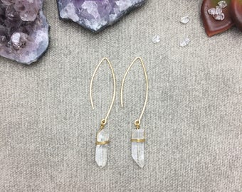 Quartz Crystal Arc Earrings, Raw Quarts Wire Wrapped Hoop Earrings Raw Quartz Point Earrings Rustic Clear Raw Quartz Crystal Point