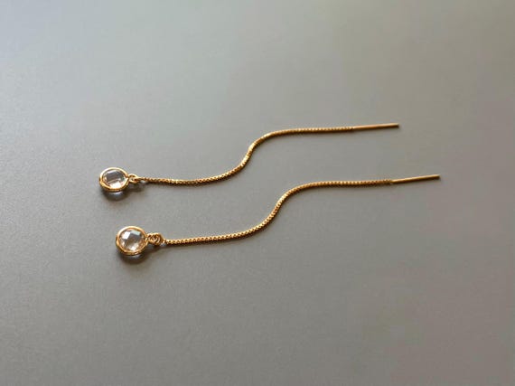 Crystal Bezel Threader Earrings – 14k Gold Filled Box Chain Pull Through Minimalist Jewelry Gift