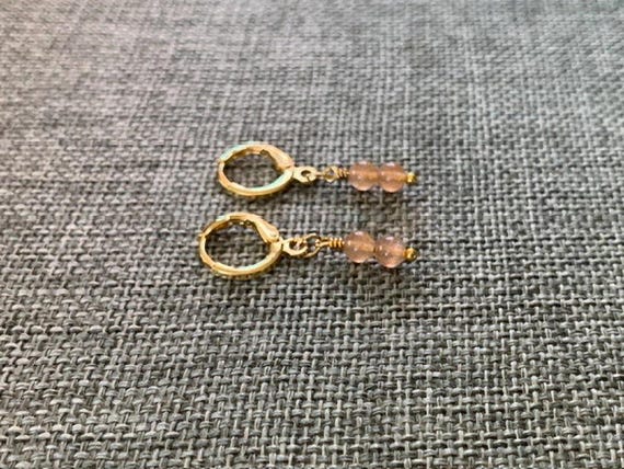 Sunstone Double Stack Huggie Hoop Earrings – Gold Leverback Gemstone Bead Jewelry