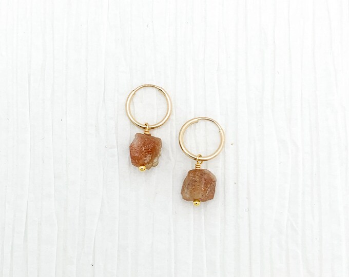 RAW SUNSTONE 14k Gold Filled Endless Hoop Earrings, Dainty Hoop Dangle Earrings