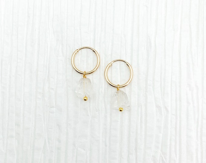 RAW CLEAR QUARTZ 14k Gold Filled Endless Hoop Earrings, Dainty Hoop Dangle Earrings