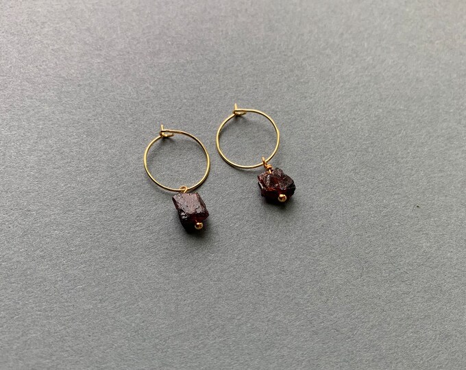 RAW GARNET 14k Gold Filled Tiny Gemstone Hoop Earrings With Genuine Gemstone Beads