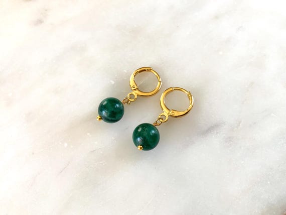 Emerald Huggie Hoop Earrings – Natural Gemstone Bead Dangles – Gold or Silver Round Leverback Earrings
