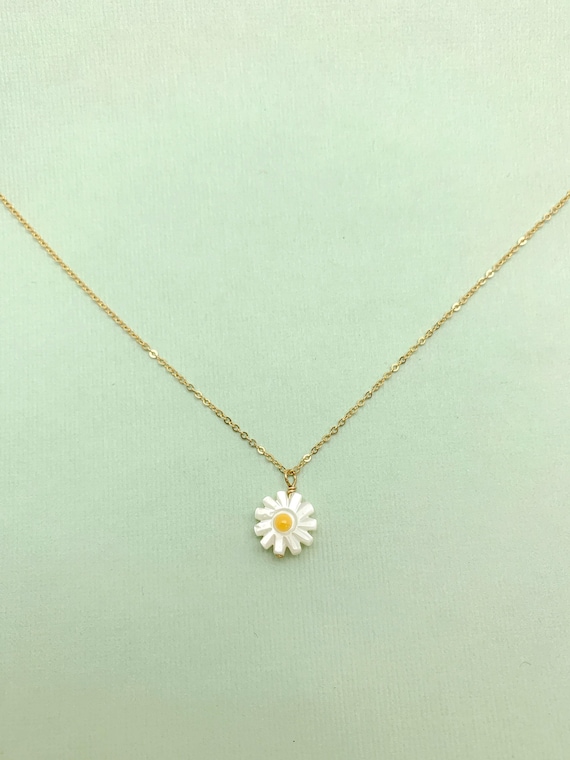 Daisy Flower Pendant Necklace – Mother of Pearl Charm in Gold Filled or Sterling Silver