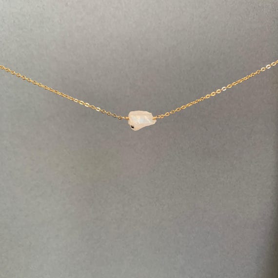 Raw Moonstone Pendant Necklace – Rainbow Blue Flash Crystal on Gold or Silver Chain