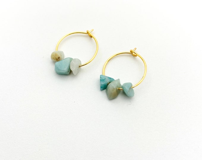 AMAZONITE Chip Small Hoop Earrings, 14k Gold Filled, Rose Gold Filled, or Sterling Silver Tiny Hoop Earrings With Genuine Gemstone Beads