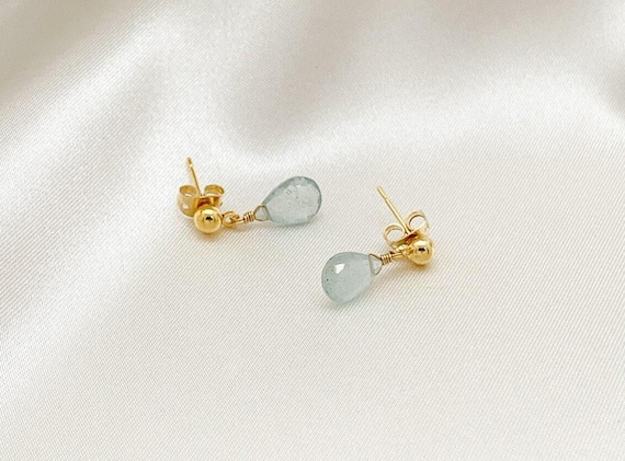 Aquamarine Stud Earrings – Dainty Dangle Studs in 14k Gold Filled or Sterling Silver