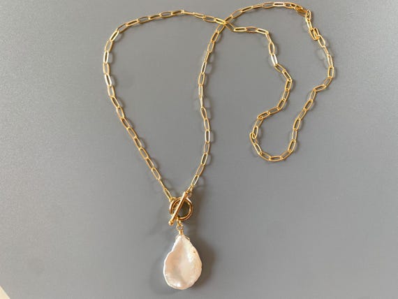 Keshi Pearl Toggle Pendant Necklace – Baroque Freshwater Pearl on Beaded Cable Chain – June Birthday Gift