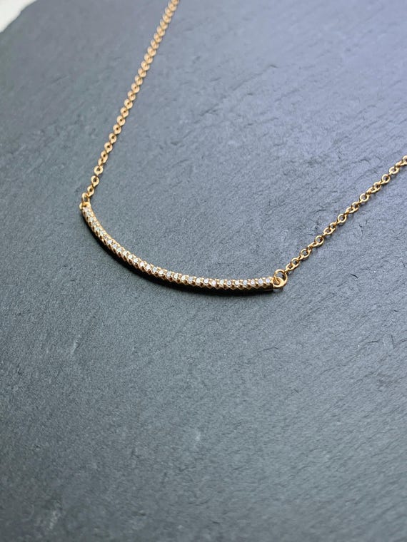 Pave CZ Bar Necklace – Curved Pendant in Gold Plated Sterling Silver with Cubic Zirconia