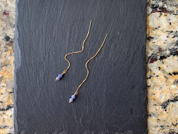 Tanzanite Two Stone Threader Earrings – December Birthstone Pull Through Earrings in 14k Gold Filled or Sterling Silver