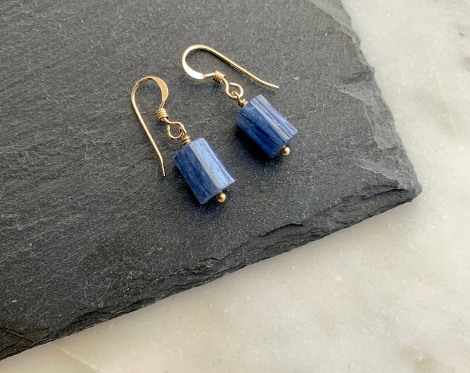 KYANITE Natural Gemstone Cylinder Drop Earrings, 14k Gold Filled or Sterling Silver, Dainty Crystal Earrings, Minimalist Drop Earrings