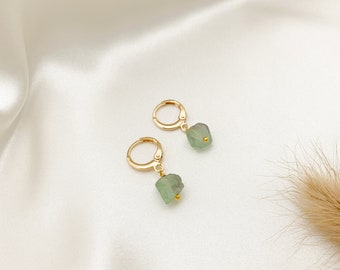 RAW FLUORITE Huggie Hoops Lever Back Hoop Earrings With Genuine Gemstone Beads