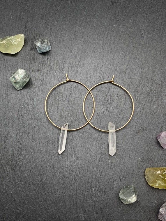 Raw Quartz Crystal Hoop Earrings – Natural Quartz Point Hoops – Sterling Silver or 14k Gold Filled Minimalist Jewelry